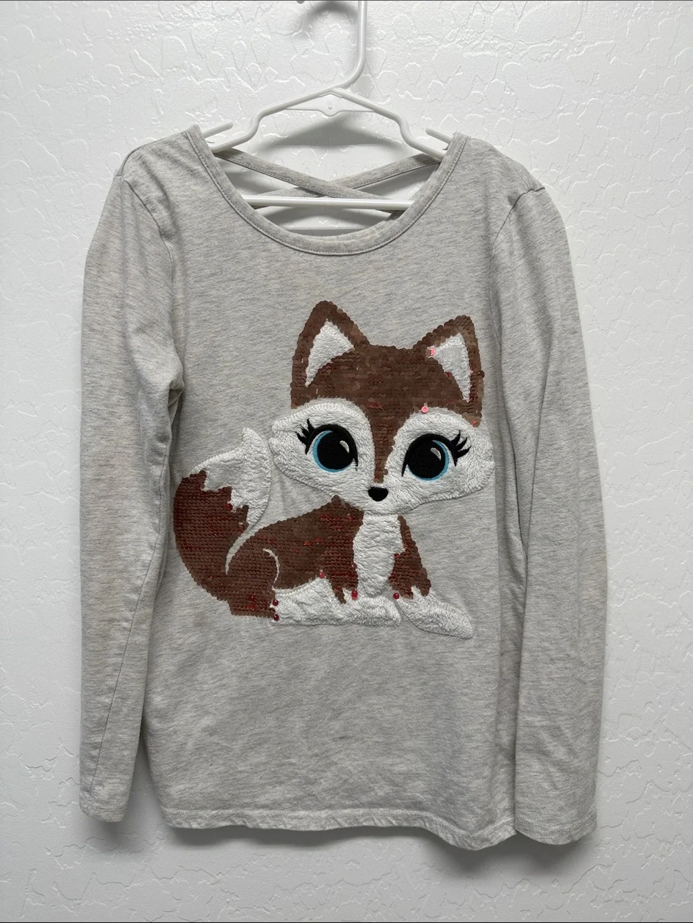 Justice Gray Long-Sleeve Top with Pink Sequin Fox